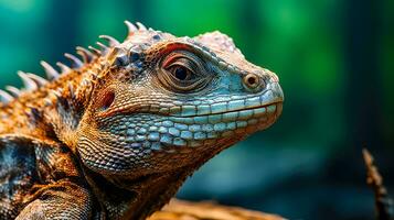 vert iguane portrait une détaillé vue de le exotique et magnifique reptile avec Orange yeux avec coloré et squameux tête ai génératif photo