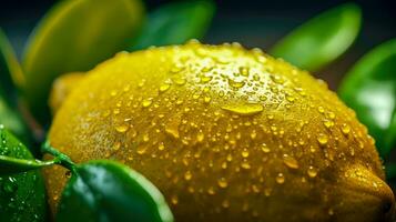 Jaune citron avec rosée gouttes une rafraîchissant et pétillant fruit image avec une cahoteux peau ai génératif photo