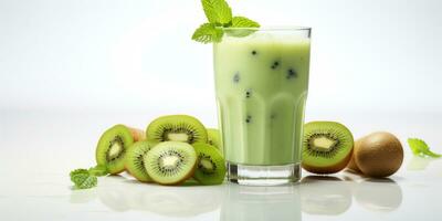 proche en haut de Frais kiwi jus avec des fruits sur tableau, isolé sur blanc arrière-plan, ai généré photo