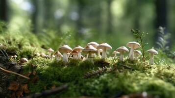 ai génératif sauvage champignons croissance dans le forêt vert mousse photo