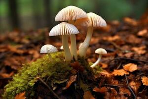 ai génératif détail de mycène cinerelle ou farineux bonnet blanc petit champignon croissance sauvage dans le automnal forêt photo