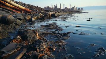 contaminé l'eau concept, sale l'eau les flux de le tuyau dans le rivière, mer, l'eau pollution, environnement contamination, ai génératif photo