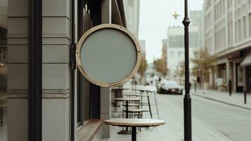 génératif ai, café magasin rue enseigne moquer en haut pour logo conception, marque présentation, esthétique en sourdine neutre couleurs, sur le mur Extérieur photo