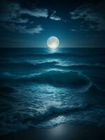 tranquille nuit paysage marin avec pétillant des eaux et réfléchissant lune, ai génératif photo