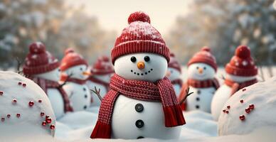 hiver vacances Noël Contexte bannière - fermer de bonhommes de neige sur neigeux bokeh Contexte - ai généré image photo