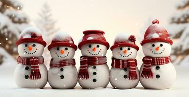 hiver vacances Noël Contexte bannière - fermer de bonhommes de neige sur neigeux bokeh Contexte - ai généré image photo