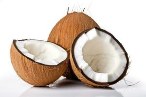 noix de coco et noix de coco moitié avec noix de coco feuilles sur blanc Contexte. génératif ai photo