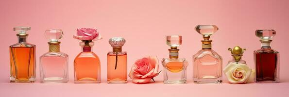 groupe de différent parfum bouteilles et échantillonneur sur une rose floral Contexte. parfumerie collection. génératif ai photo