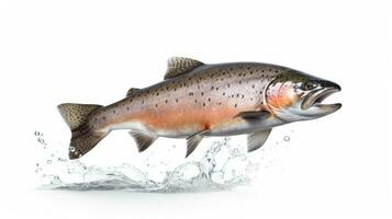 une Saumon sauter en dehors de le l'eau isolé sur blanc Contexte. Saumon poisson. génératif ai photo