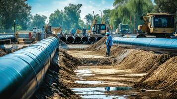 construction ouvrier travail l'eau la fourniture ou égout pipeline à construction placer. génératif ai photo