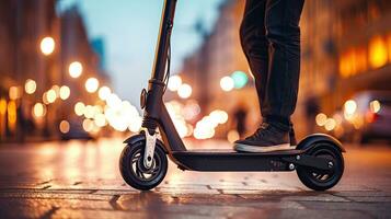 proche en haut de femelle pieds sur un électrique scooter, avec une roue dans le premier plan. génératif ai photo