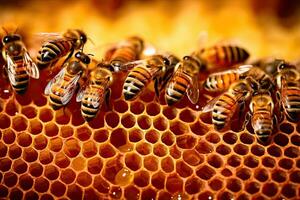 abeilles travail avec diligence à l'intérieur leur ruche, méticuleusement artisanat nid d'abeille cellules rempli avec brillant. ouvrier les abeilles. génératif ai photo