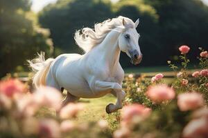 une Licorne, blanc Licorne fonctionnement dans rêves fleurs. génératif ai photo