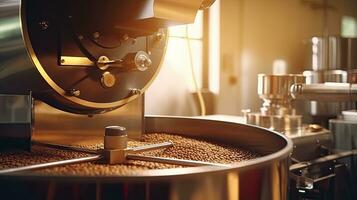 café rôtissoire, aromatique café des haricots situer dans moderne équipement avec grain refroidisseur. café haricot rôtissoire machine. industrie concept. génératif ai photo