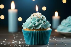 anniversaire petit gâteau avec bleu bougie, l'amour à thème cœur décoration, et délicieux Glaçage ai généré photo