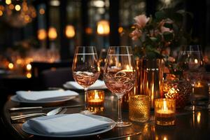 a la chandelle restaurant table ensemble avec luisant des lunettes et parfait vaisselle ai généré photo