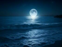 tranquille nuit paysage marin avec pétillant des eaux et réfléchissant lune, ai génératif photo