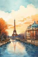 une pittoresque hiver aquarelle horizon de Paris avec le Eiffel la tour et Seine rivière contre une doux pente toile de fond photo