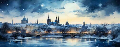une capricieux hiver panorama capture le enchanteur horizons de européen villes dans une rêveur aquarelle La peinture photo