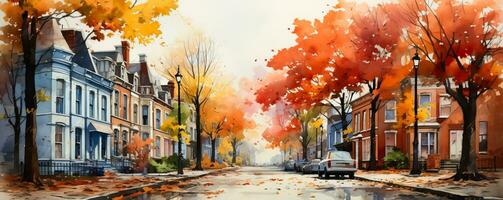 une charmant aquarelle La peinture de une confortable petit ville rue avec coloré bâtiments et chute l'automne feuilles Contexte avec vide espace pour texte photo