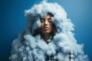 femme dans confortable plaid fabriqué de des nuages photo