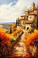 une vibrant aquarelle La peinture de une charmant méditerranéen village niché parmi d'or automnal des arbres célébrer le primes de le saison photo
