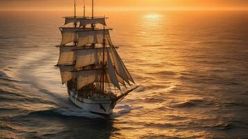 barque navire dans le océan à le coucher du soleil. génératif ai photo