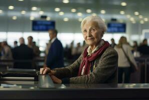 vieux femme aéroport vol vérification. produire ai photo