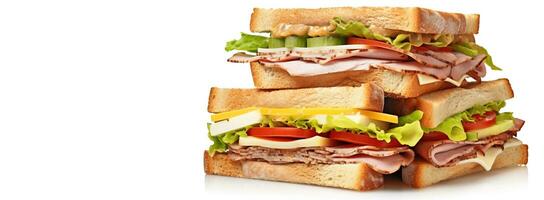 Frais sandwich avec jambon, fromage, tomates, vite nourriture sur blanc arrière-plan, isoler. ai généré. photo
