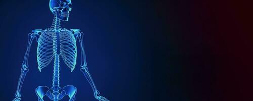Humain squelette dans lampe lumière, bleu Contexte. scientifique corps anatomie. ai généré. photo