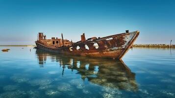 ensoleillé ciel au dessus le ruines de un vieux Naufrage, ses planche criblé avec des trous. génératif ai photo