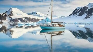 voile yacht dans lagune avec calme l'eau et reflets dans Antarctique, génératif ai photo