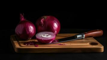 en bois planche avec Couper rouge oignon et couteau sur foncé arrière-plan, génératif ai photo