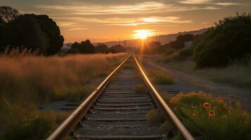 équitation de dans le coucher de soleil, une magnifique scène de train des pistes et couleurs. ai génératif photo