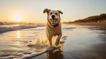 une Enchanté canin ébats le long de le sablonneux rivages, génératif ai photo