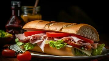 classique italien aliments. épicerie tranché jambon sur grillé français baguette avec fondu Provolone, iceberg laitue, et 4 tranches de roma tomates, génératif ai photo