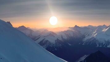 éclipse de Soleil contre Contexte de pics de enneigé montagnes à nuit. ai généré. photo