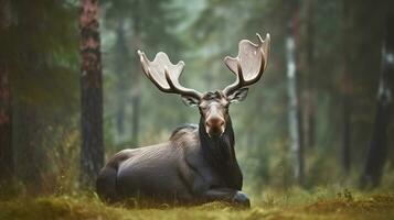 magnifique animal dans le la nature habitat. wapiti ou élan, alces alces dans le foncé forêt pendant pluvieux journée. génératif ai photo