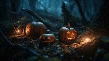 Halloween citrouilles dans le forêt. génératif ai photo