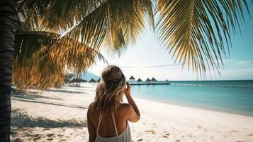 le plage fait signe, attrayant une Jeune femme à du repos et rajeunir au milieu de le séduire de tropical noix de coco des arbres. génératif ai photo