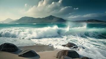 une La peinture de vagues s'écraser sur une plage avec une Montagne dans le Contexte. génératif ai photo