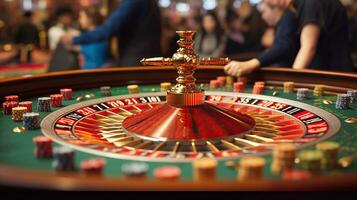 le casino roulette avec gens en jouant une roulette, dans le style de rouge et or, génératif ai photo