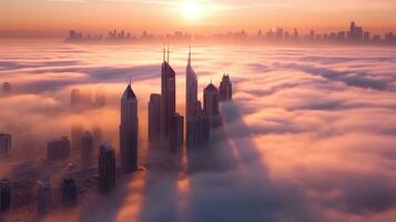 aérien vue de Dubai, uni arabe émirats brumeux Matin lever du soleil. génératif ai photo