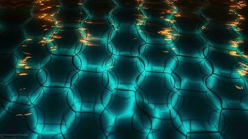 fascinant Haut vue de embrasé lumières dansant sur le l'eau surface dans une nager piscine, génératif ai photo