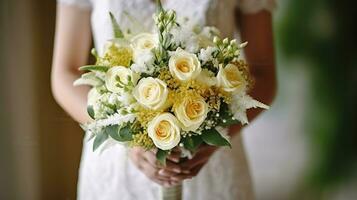 méconnaissable femme dans dentelle mariage robe en portant une magnifique vert bouquet avec blanc et Jaune des roses sur une flou Contexte. génératif ai photo