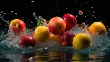 des fruits chute dans le eau, génératif ai photo