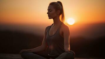 yoga à le coucher du soleil - femme dans méditation - concentrer sur premier plan et flou arrière-plan, génératif ai photo