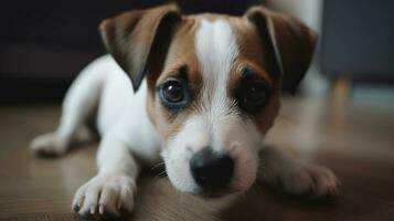 curieuse jack Russell terrier chiot à la recherche à le caméra. adorable chienchien avec plié oreilles mensonge sur le sol à maison. confortable intérieur arrière-plan, génératif ai photo