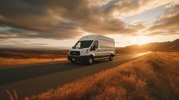 une blanc livraison van transporté sur une route à le coucher du soleil. transport. génératif ai photo