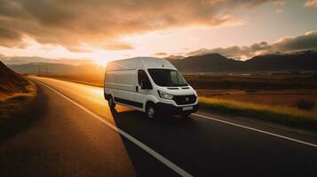 une blanc livraison van transporté sur une route à le coucher du soleil. transport. génératif ai photo